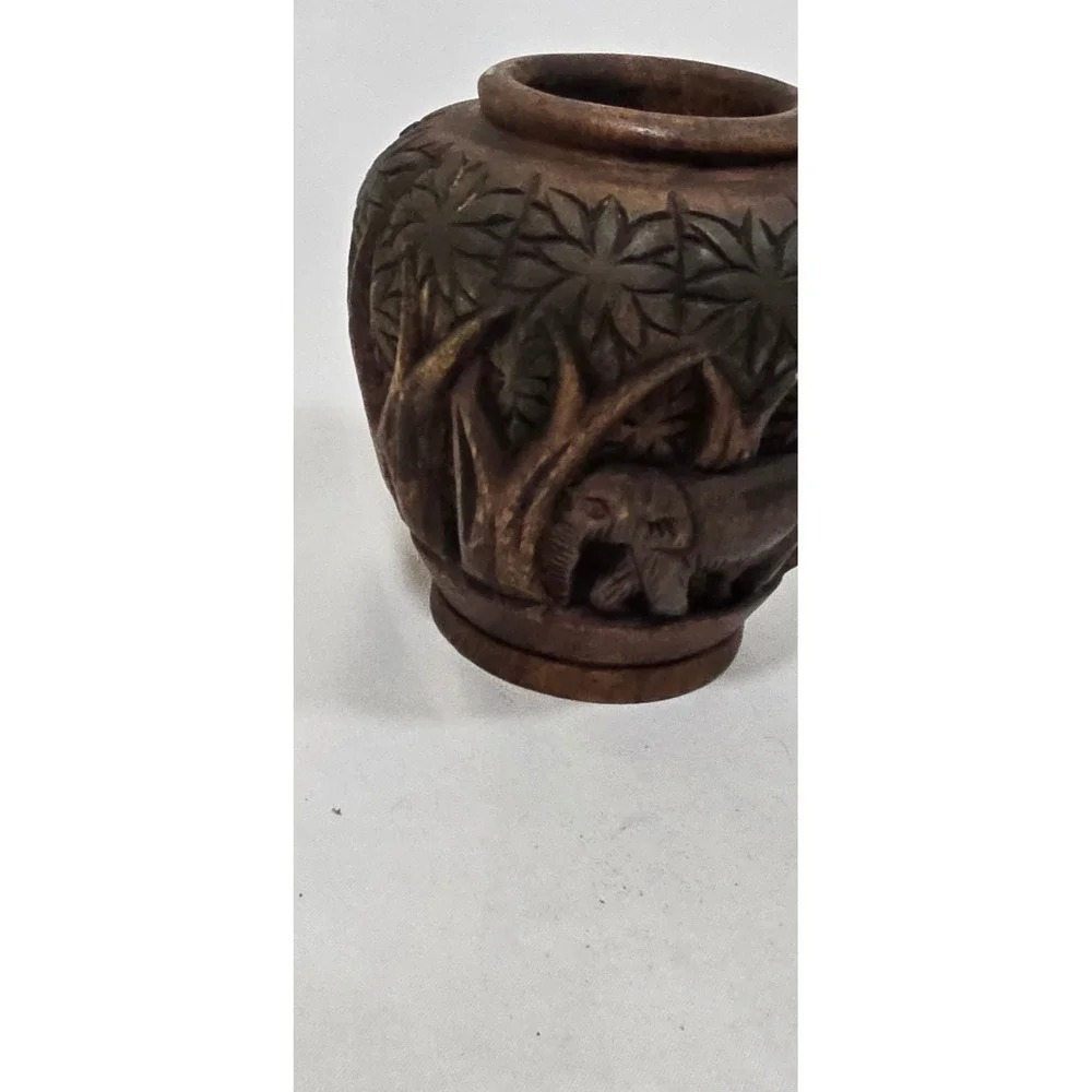 Vtg 1970s hand Carved Wooden Vessel Bowl Vase Elephants safari‎ jungle African